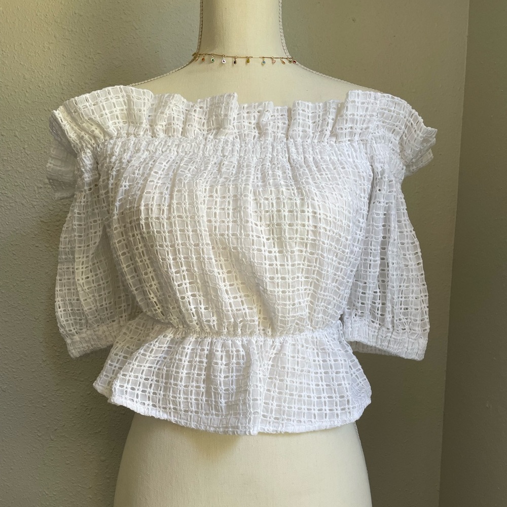Express Ruffle eyelet lace off the shoulder crop top size xs